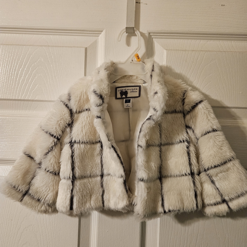 Janie and Jack Cream and Black Checkered Faux Fur Jacket